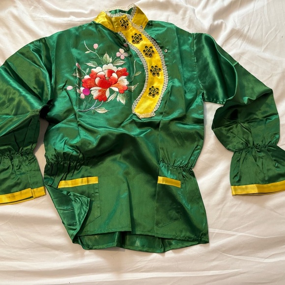 Vtg 1950s Traditional Korean Women's M 8-10 Hanbok 4 Piece Green Embroidered - Picture 2 of 16